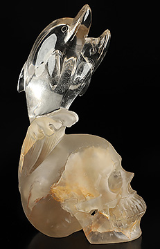 6.1" Quartz Rock Crystal Hand Carved Crystal Skull and Dolphin Fine Art Sculpture, Crystal Healing