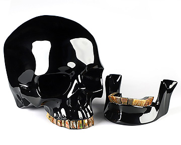 7.6" Black Obsidian Hand Carved Crystal Detachable Skull with Ammolite Tooth, Crystal Healing
