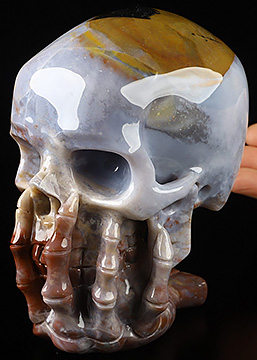 5.7" Indian Agate Hand Carved Crystal Skull & Skeletal Hand Sculpture, Crystal Healing