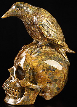 6.5" New Pietersite Hand Carved Crystal Skull and Raven Sculpture, Crystal Healing