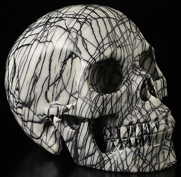 4.0" Black Network Jasper Hand Carved Crystal Skull, Realistic, Crystal Healing