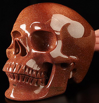 Super Realistic! Lifesized 7.1" Goldstone Hand Carved Crystal Skull, Crystal Healing