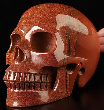 Lifesized 7.0" Goldstone Hand Carved Crystal Skull, Crystal Healing