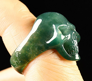 US Size 9# Green Moss Agate Hand Carved Crystal Skull Ring, Skull Jewelry