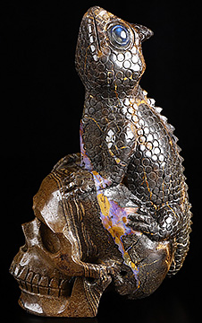 6.7" Matrix Opal Hand Carved Crystal Skull and Lizard Fine Art Sculpture, Crystal Healing