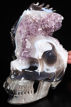 9.8" Agate Amethyst Druse Hand Carved Crystal Skull and Wing Sculpture, Crystal Healing