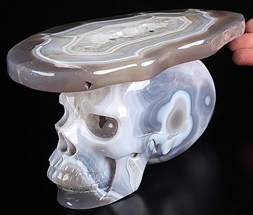 7.7" Agate Geode Hand Carved Crystal Elongated Mayan Alien Skull Sculpture, Crystal Healing