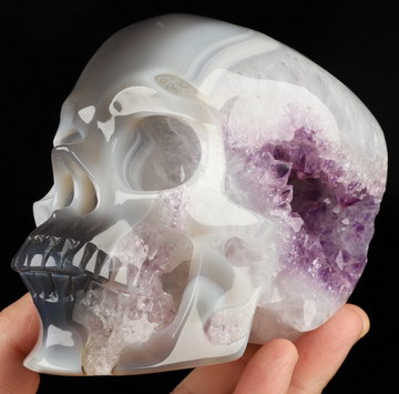 5.0" Agate Amethyst Geode Hand Carved Crystal Skull, Super Realistic, Crystal Healing