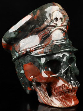 5.0" African Bloodstone Hand Carved Crystal Skull and Navy Cap Fine Art Sculpture, Crystal Healing