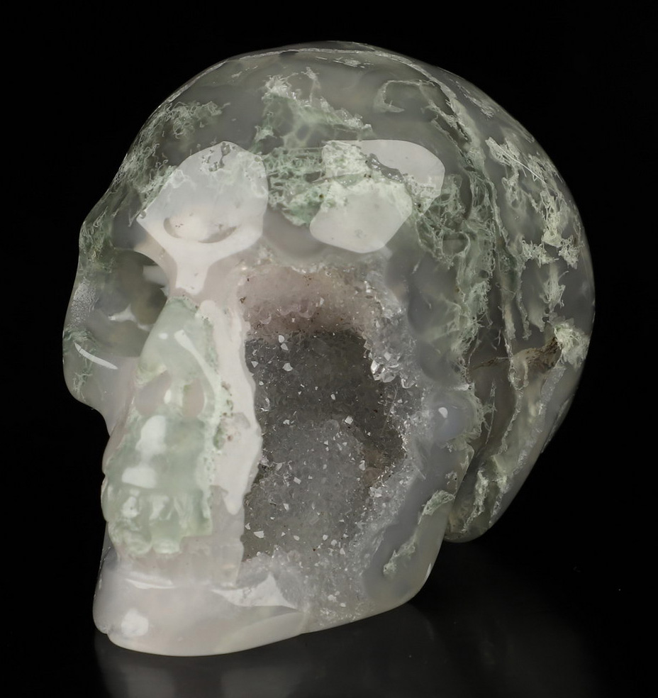 2.0" Green Moss Agate Geode Hand Carved Crystal Skull, Realistic, Crystal Healing