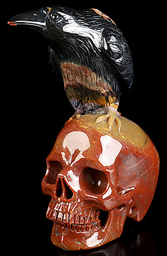 4.9" Indian Agate Hand Carved Crystal Skull and Raven Sculpture, Crystal Healing