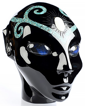 6.1" Black Obsidian and Malachite Inlay Hand Carved Female Alien Crystal Skull Companion With Labradorite Eyes, Hand Carved Gemstone Fine Art Sculpture, Reiki Healing Stone Statue