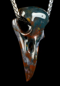 Necklace of 2.3" Indian Agate Hand Carved Crystal Skull Pendant, Skull Jewelry