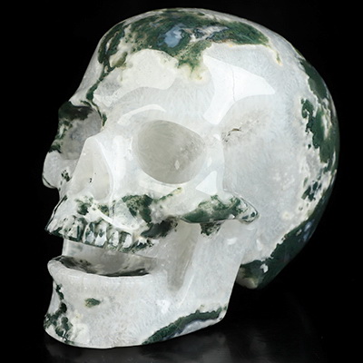 5.2" Green Moss Agate Hand Carved Singing Crystal Skull Sculpture, Crystal Healing
