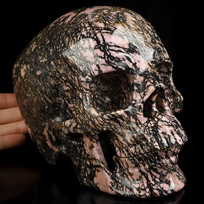 Lifesized 6.9" Pink & Black Rhodonite Hand Carved Crystal Skull, Super Realistic, Crystal Healing