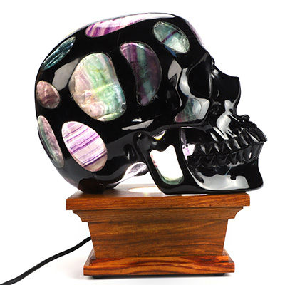 Amazing 8.2" Black Obsidian with Fluorite Hand Carved Hollow Crystal Skull Lamp with Stand, Crystal Healing