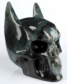 4.9" Labradorite Hand Carved Batman Crystal Skull Fine Art Sculpture, Crystal Healing