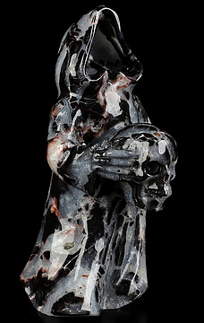7.1" Black Zebra Agate Hand Carved Death Crystal Skull Sculpture, Crystal Healing