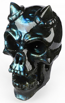 Ring-Base Horned Skull - 6.5" Labradorite Hand Carved Crystal Skull Fine Art Sculpture, Crystal Healing