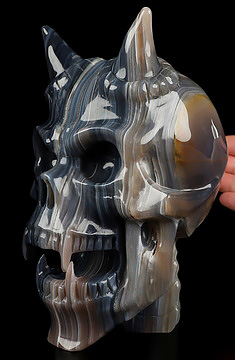 Ring-Base Horned Skull - 7.0" Premium Brazilian Agate Hand Carved Crystal Skull Fine Art Sculpture, Crystal Healing