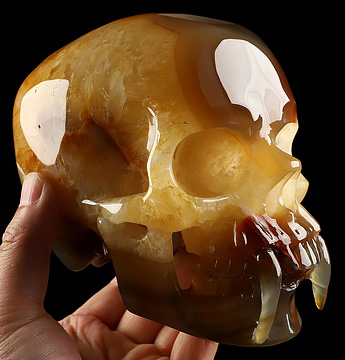 6.1" Premium Brazilian Agate Hand Carved Vampire Crystal Skull Fine Art Sculpture, Crystal Healing