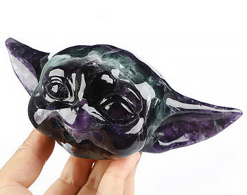 6.9" Fluorite Hand Carved Crystal Yoda Fine Art Sculpture, Crystal Healing