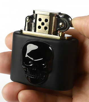 Bonefire - 2.1" Black Obsidian Hand-Carved Relief Crystal Skull Refillable Kerosene Novelty Pocket Lighter Accessory