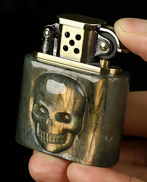 Bonefire - 2.1" Labradorite Hand-Carved Relief Crystal Skull Refillable Kerosene Novelty Pocket Lighter Accessory
