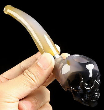 5.8" Premium Brazilian Agate Hand Carved Crystal Skull Pipe, Crystal Healing