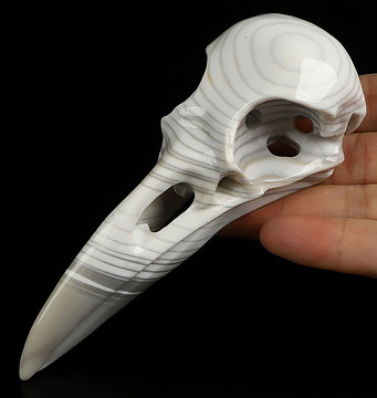 5.1" Banded Agate Hand Carved Raven Crystal Skull Sculpture, Crystal Healing