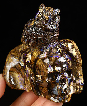 3.4" Matrix Opal Hand Carved Crystal Skull and Owl Sculpture, Crystal Healing