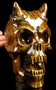 Ring-Base Horned Skull - 6.7" Tiger Iron Eye Hand Carved Crystal Skull Fine Art Sculpture, Crystal Healing