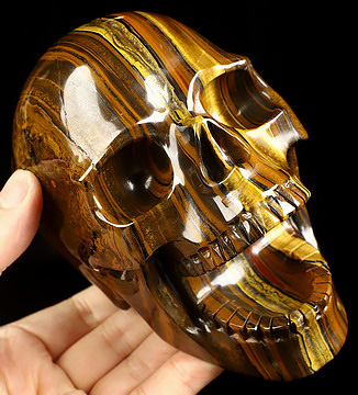 5.2" Tiger Iron Eye Hand Carved Laughing Crystal Skull Sculpture, Crystal Healing