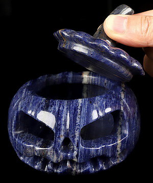 4.1" Sodalite Hand Carved Hollow Pumpkin Crystal Skull Sculpture, Crystal Healing