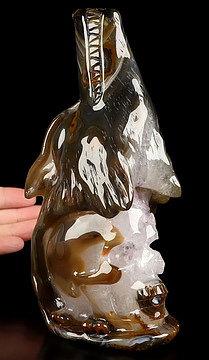 7.8" Premium Brazilian Agate Hand Carved Crystal Skull and Wolf Fine Art Sculpture, Crystal Healing