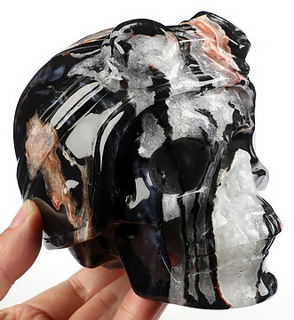 5.1" Black Zebra Agate Hand Carved Crystal Skull Fine Art Sculpture, Crystal Healing