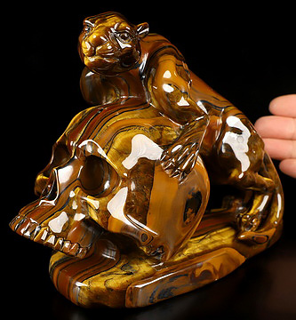 7.9" Tiger Iron Eye Hand Carved Crystal Skull and Leopard Fine Art Sculpture, Crystal Healing