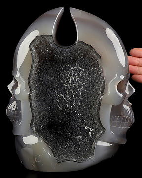 8.9" Agate Geode Hand Carved Double Crystal Skulls Fine Art Sculpture, Crystal Healing