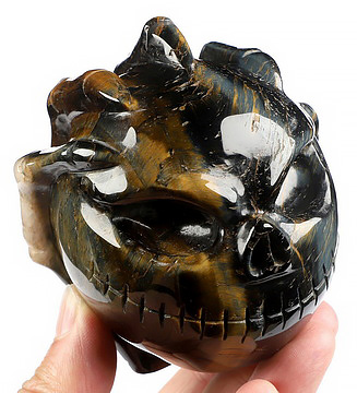 3.3" Blue & Gold Tiger's Eye Hand Carved Jack Crystal Skull Sculpture, Crystal Healing