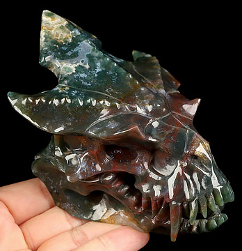 4.6" Indian Agate Hand Carved Pterodactyl Crystal Skull Sculpture, Crystal Healing