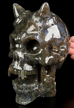 Ring-Base Horned Skull - 6.7" Green Moss Agate Hand Carved Crystal Skull Sculpture, Crystal Healing