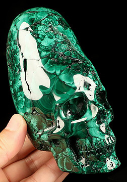 Gemstone 5.2" Malachite Hand Carved Incan Crystal Skull Sculpture With Stand, Crystal Healing