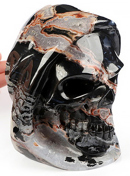 5.5" Black Zebra Agate Hand Carved Death Crystal Skull Sculpture, Crystal Healing