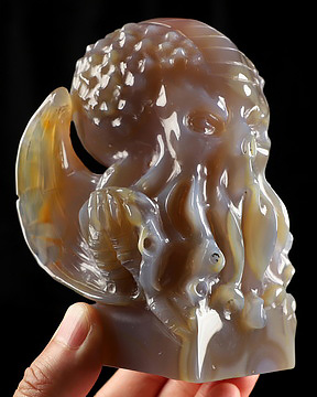 4.9" Premium Brazilian Agate Hand Carved Crystal Cthulhu Sculpture, Crystal Healing
