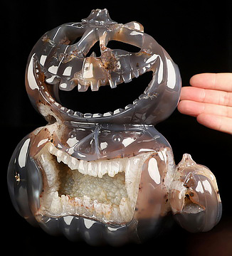 7.2" Agate Geode Hand Carved Pumpkin Crystal Skull Fine Art Sculpture, Crystal Healing
