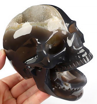 5.2" Agate Geode Hand Carved Laughing Crystal Skull Sculpture, Crystal Healing