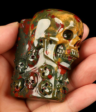 The Many Within - 2.6" Bloodstone Hand Carved Crystal Skull Pocket / Palm Stone, Portable Gemstone Sculpture, Crystal Healing