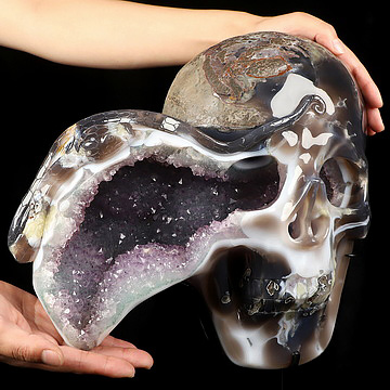 12.5" Agate Amethyst Geode Hand Carved Crystal Skull and Snake Fine Art Sculpture, Crystal Healing