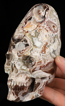 Gemstone 5.3" Red Crazy Lace Agate Hand Carved Incan Crystal Skull Sculpture With Stand, Crystal Healing