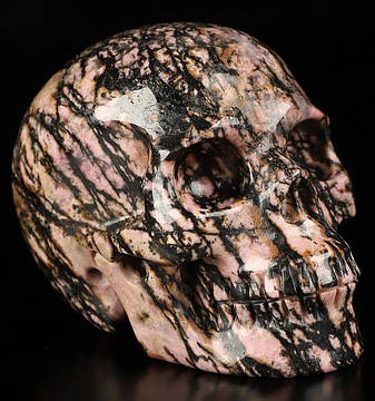 3.5" Pink & Black Rhodonite Hand Carved Crystal Skull, Realistic, Crystal Healing